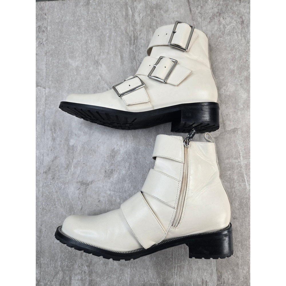 Blondo Waterproof Moto Boots 7.5 Off White Leather Triple Buckle Lug Sole Biker - Picture 6 of 10